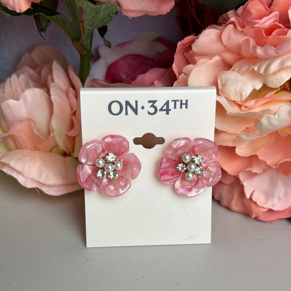 ON 34th Pink Floral Rhinestone and Faux Pearl Earrings